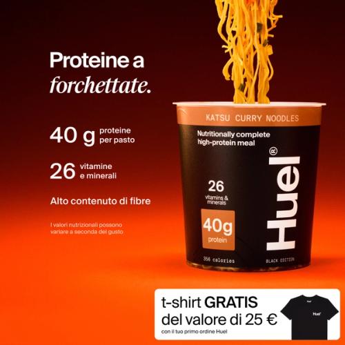 A pot of Huel Black Edition Ramen with Complete Nutrition callouts on a red and black gradient background