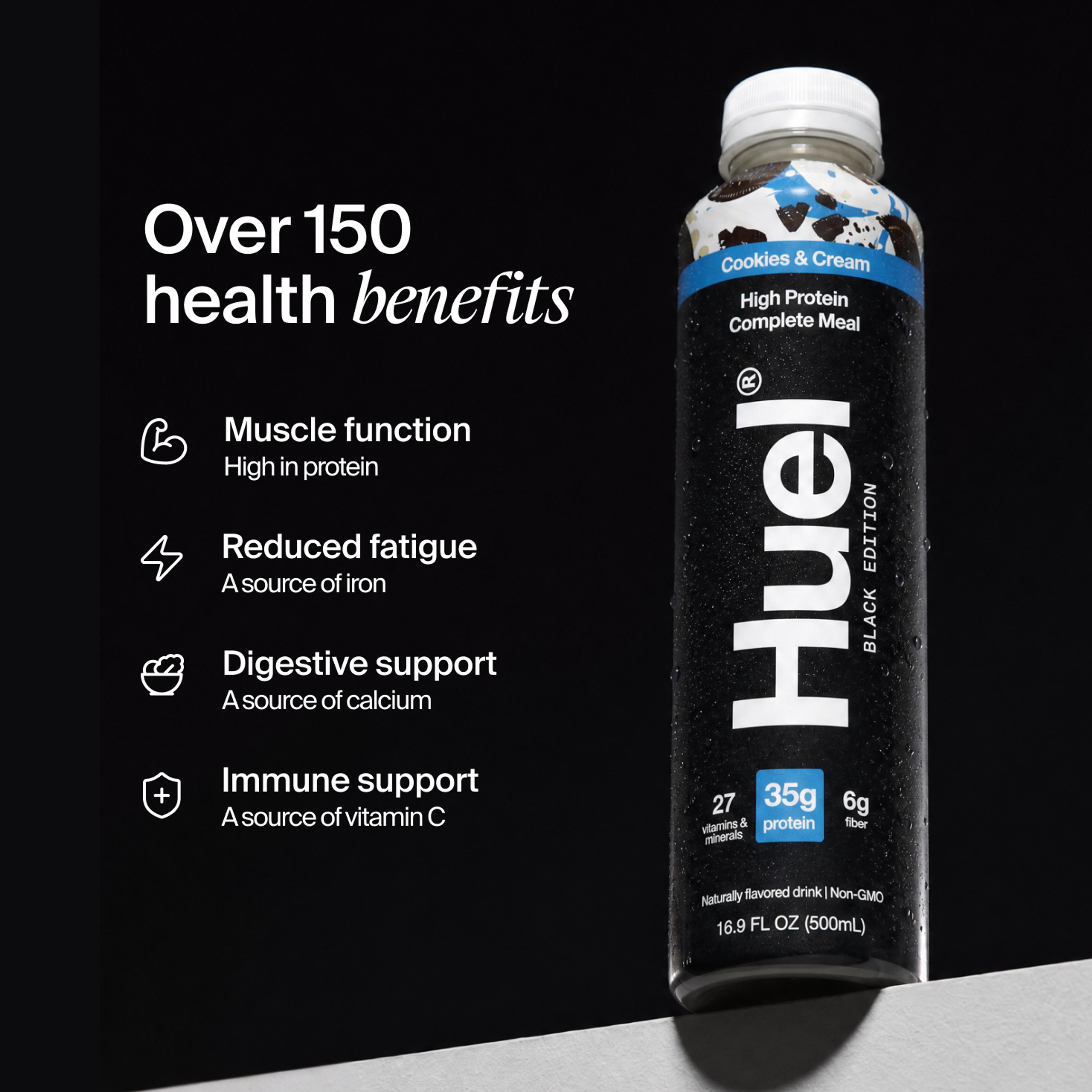 Bottle of Huel Ready-to-drink with health benefits written beside it