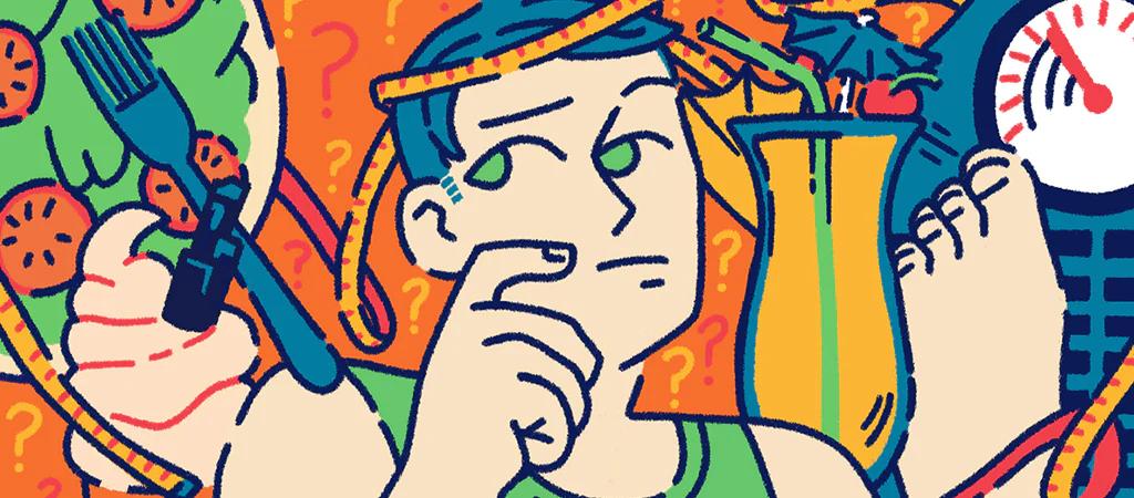 cartoon image of a man deep in thought with different foods and drinks in the background along with scales for weight