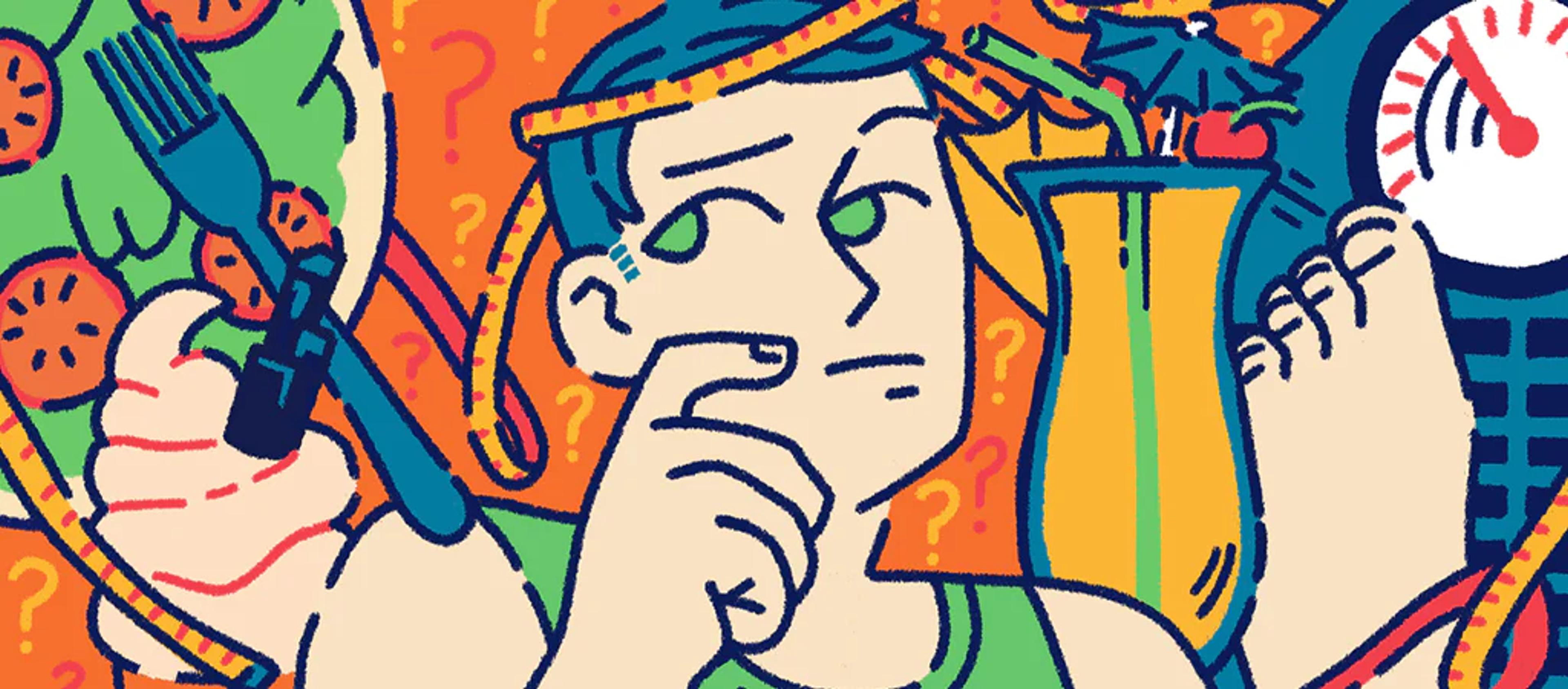 cartoon image of a man deep in thought with different foods and drinks in the background along with scales for weight