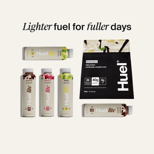 Alt: Huel Black Edition Powder and Huel Lite Ready-to-drink products, alongside text reading “Lighter fuel for fuller days.”