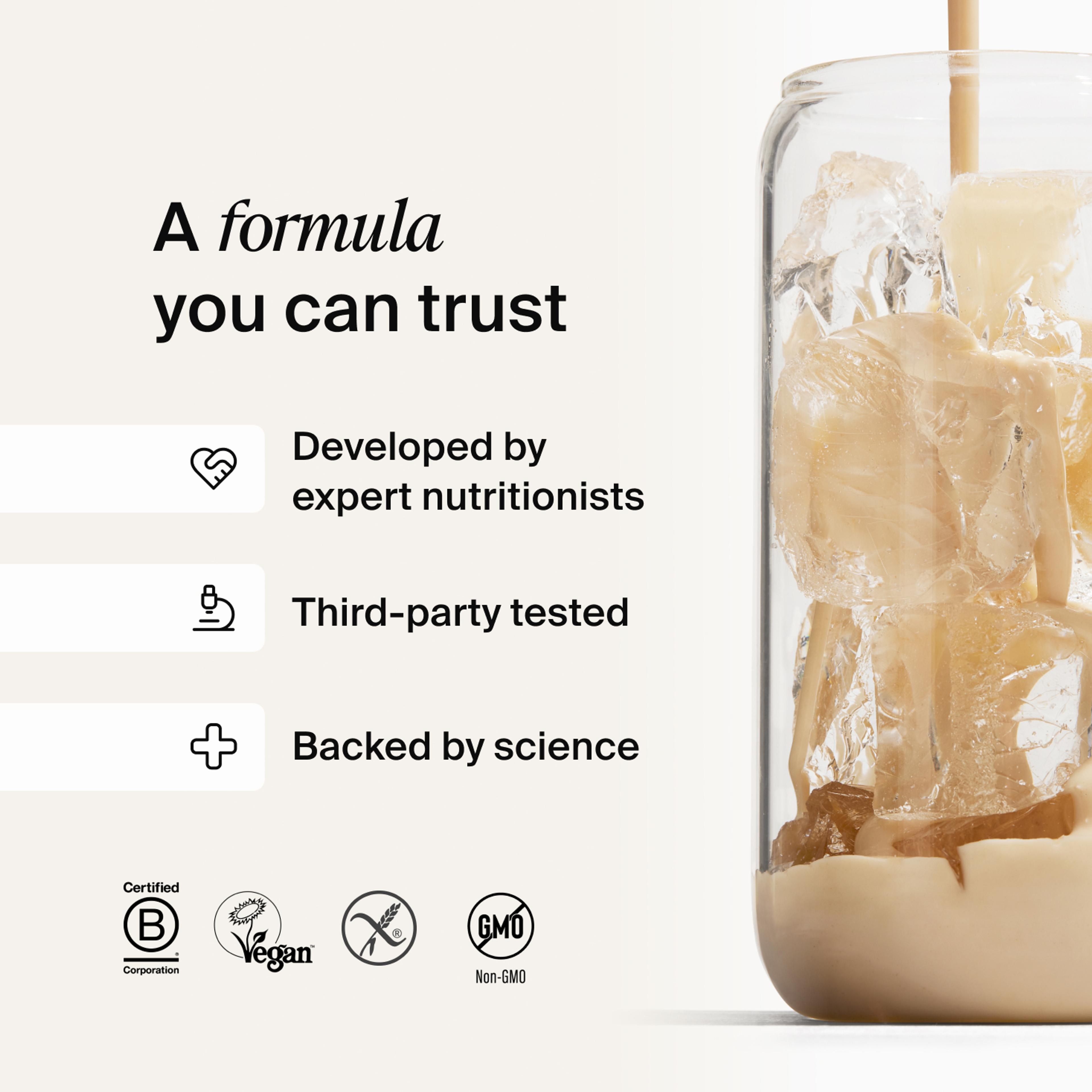 A close-up image of liquid pouring from a black and white Huel shaker, accompanied by science claims related to Huel
