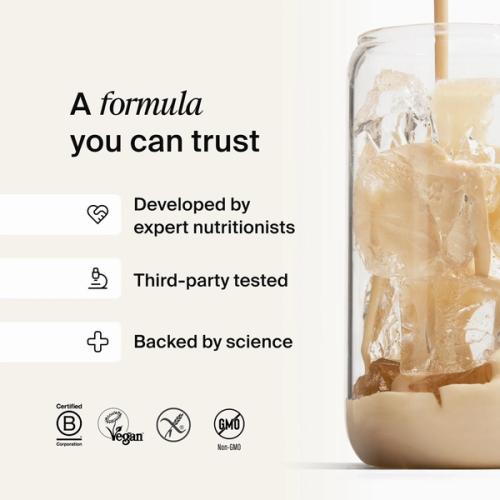 A close-up image of liquid pouring from a black and white Huel shaker, accompanied by science claims related to Huel