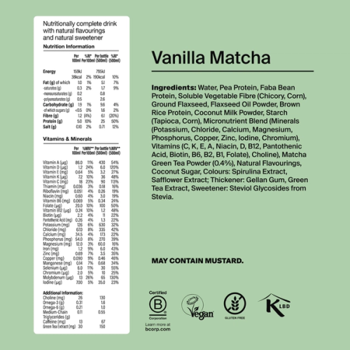 The back of pack of Vanilla Matcha showing all the ingredients