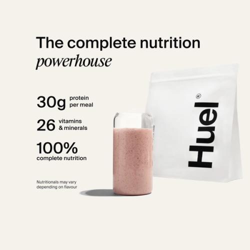 Huel Powder bag with a prepared shake, alongside text highlighting 30g protein, 26 vitamins and minerals, and 100% complete nutrition.