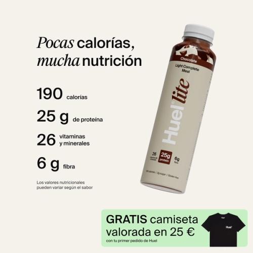 Una imagen de una lata Ready-To-Drink de Huel Lite con destacados de nutrición