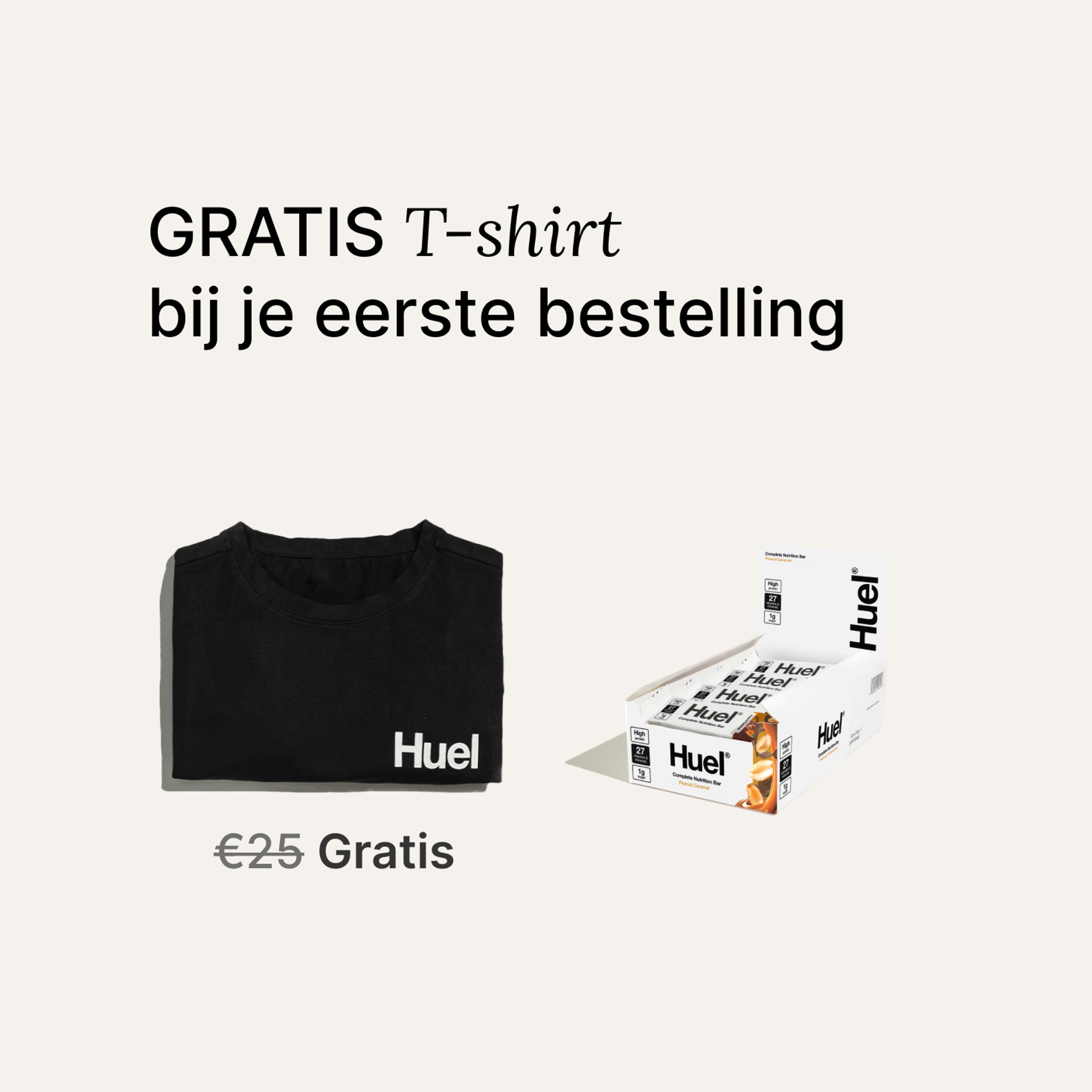 A box of Huel complete nutrition bars on a neutral background next to a black Huel t-shirt