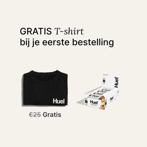 A box of Huel complete nutrition bars on a neutral background next to a black Huel t-shirt