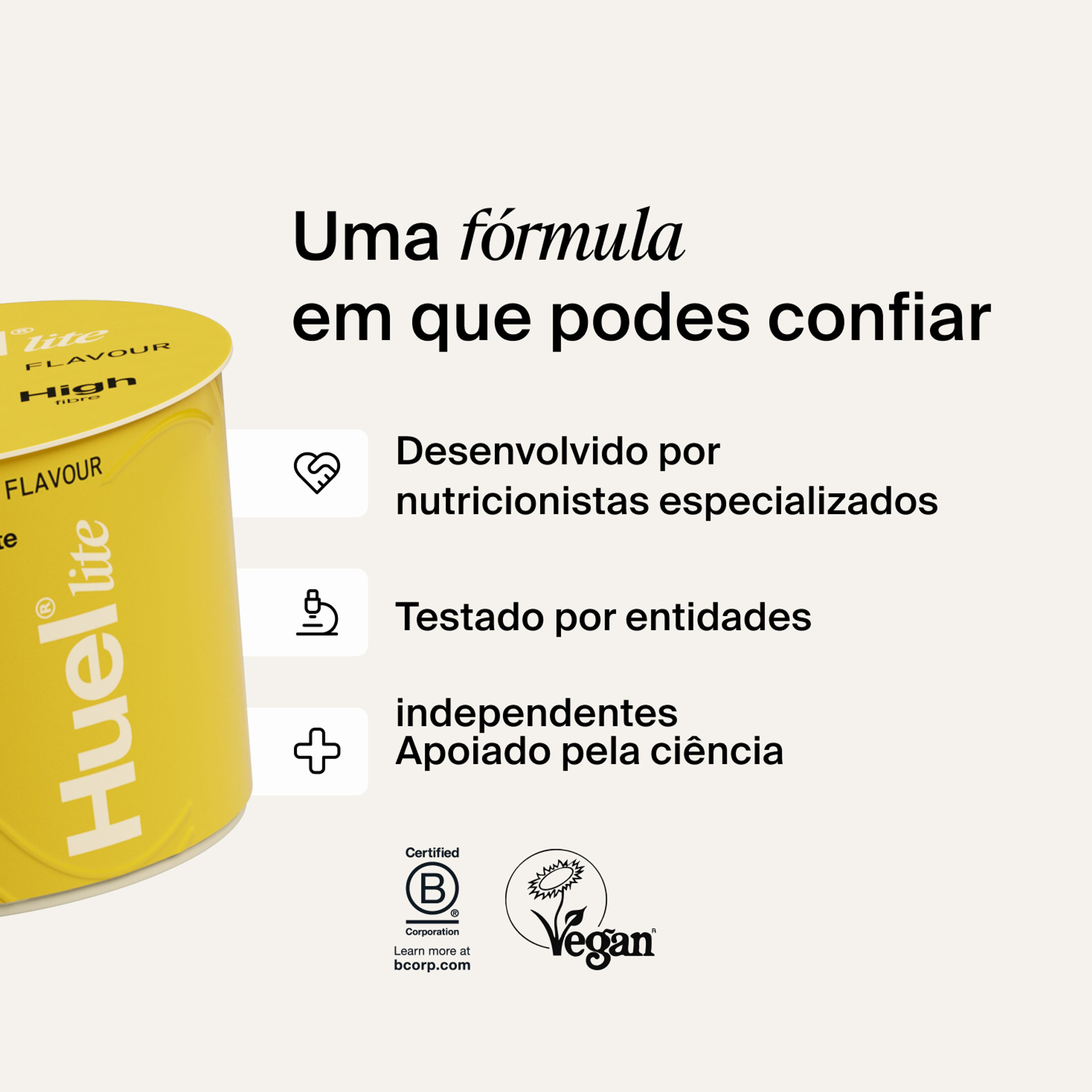 Um recipiente de Huel Lite Ramen ao lado de vários destaques e logótipos