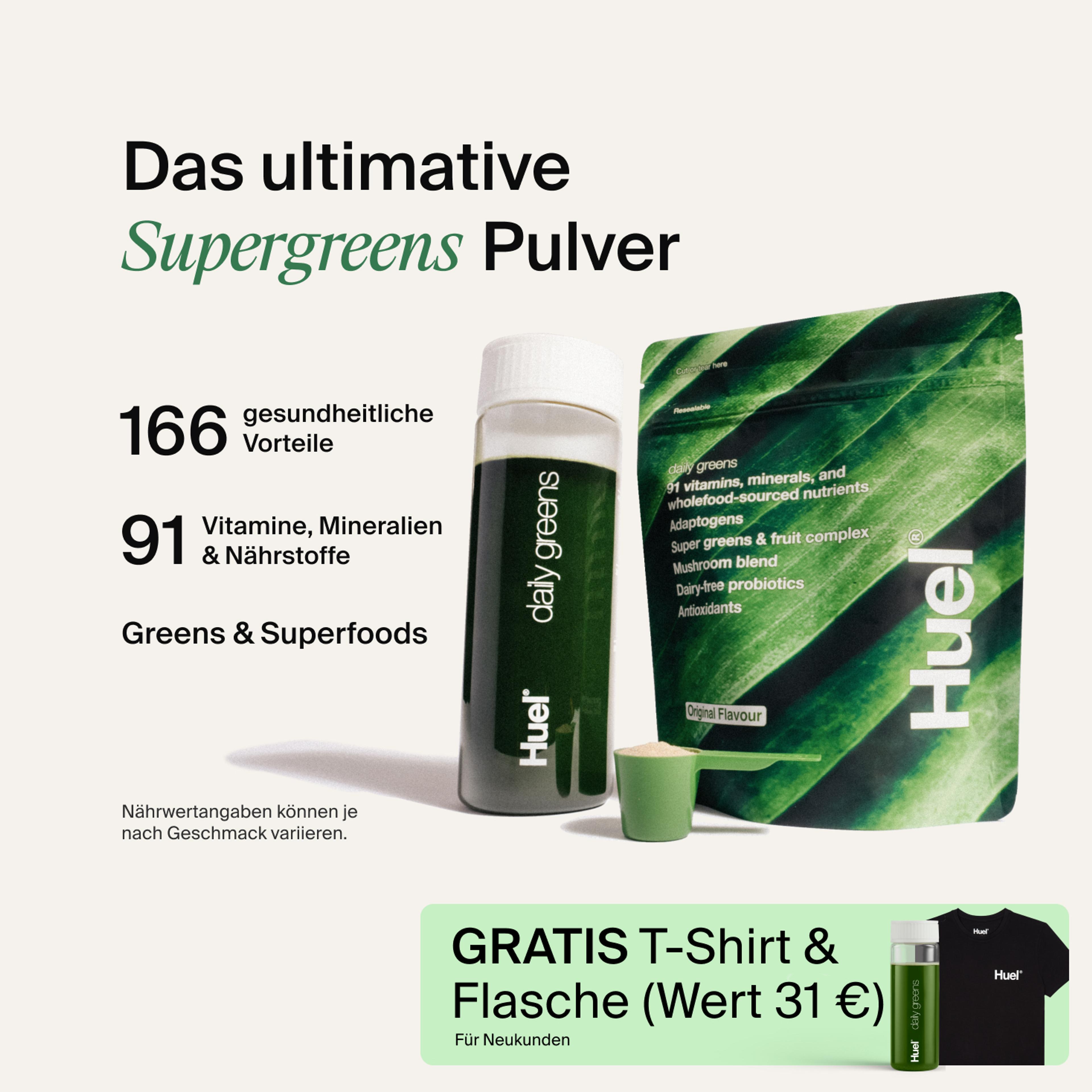 Ein Bild von einem Daily Greens Shaker, einem Scoop und einem Beutel mit Nährwertangaben