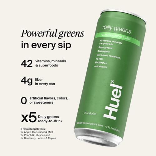 A can of Huel Daily Greens next to some nutritional callouts on a neutral background
