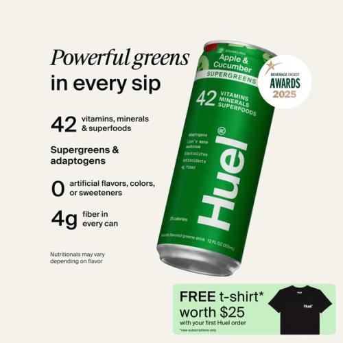 Can of Huel Daily Greens sparkling supergreens drink in Apple & Cucumber, with 42 vitamins, minerals and superfoods, supergreens and adaptogens, no artificial flavors, colors or sweeteners, and 4g fiber in every can