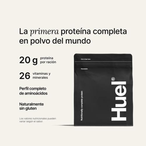 Black bag of Huel Complete Protein powder on a neutral colour background, accompanied by key benefits of Huel