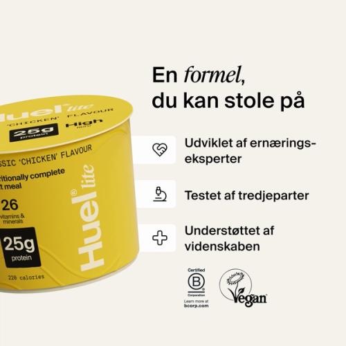 Et bæger Huel Lite Ramen ved siden af forskellige fremhævelser og logoer