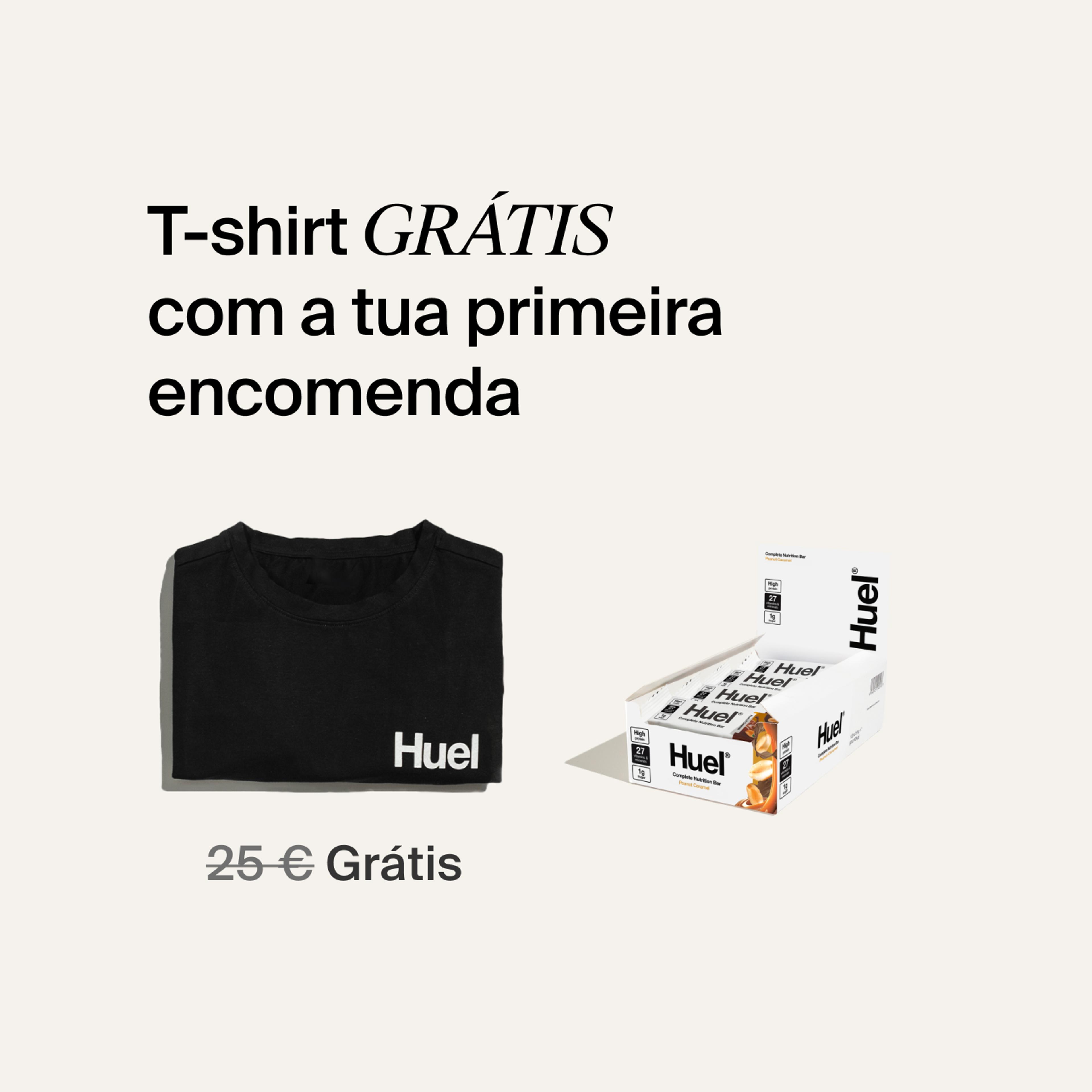 A box of Huel complete nutrition bars on a neutral background next to a black Huel t-shirt