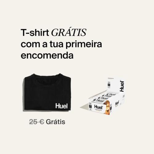 A box of Huel complete nutrition bars on a neutral background next to a black Huel t-shirt