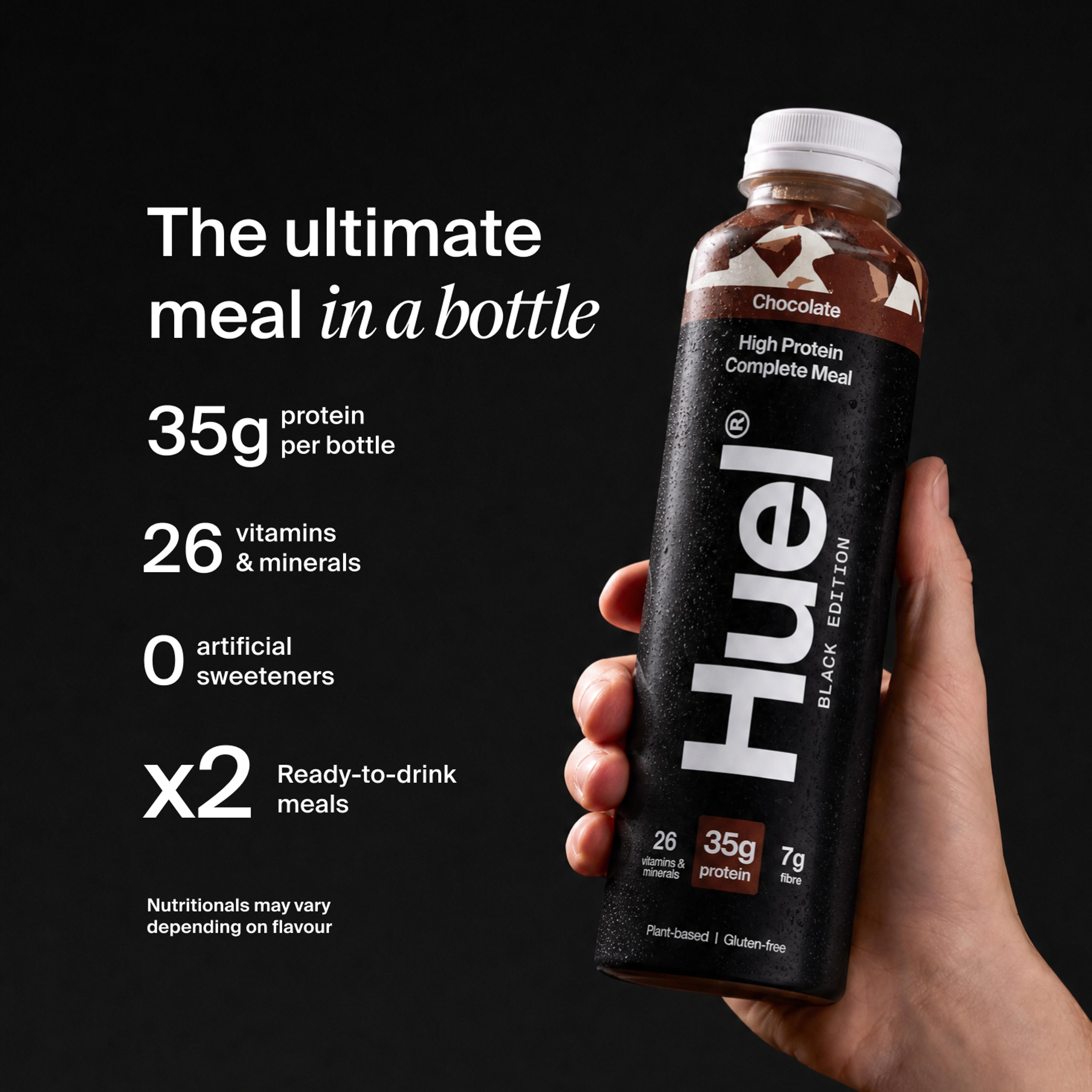A bottle of Chocolate Huel Black Edition Ready-to-drink high-protein meal drink