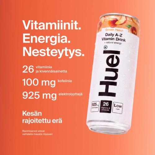 Alt, caffeinated flavours: Huel Daily A-Z Vitamin Drink can, alongside text highlighting 26 vitamins and minerals, 100mg caffeine, 925mg electrolytes, and low sugar.