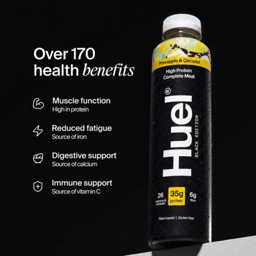 Bottle of Huel Ready-to-drink with health benefits written beside it