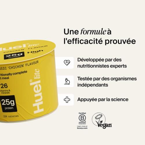 Un pot de Huel Lite Ramen à côté de divers bienfaits et de logos