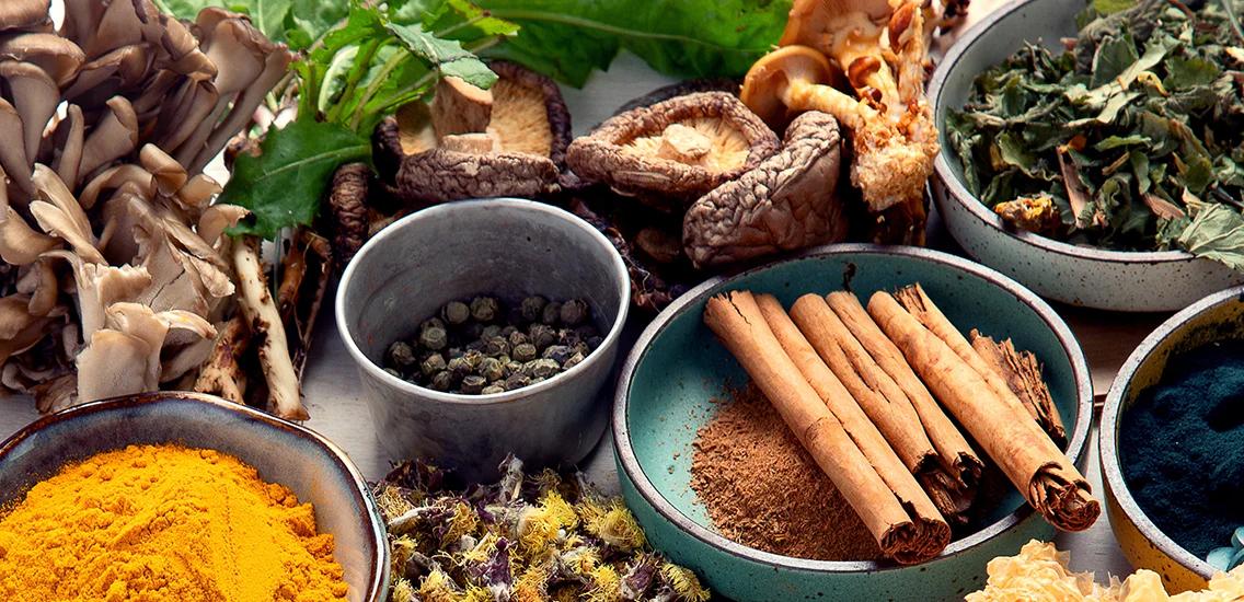Different adaptogens in bowls including mushrooms cinnamon tumeric and more
