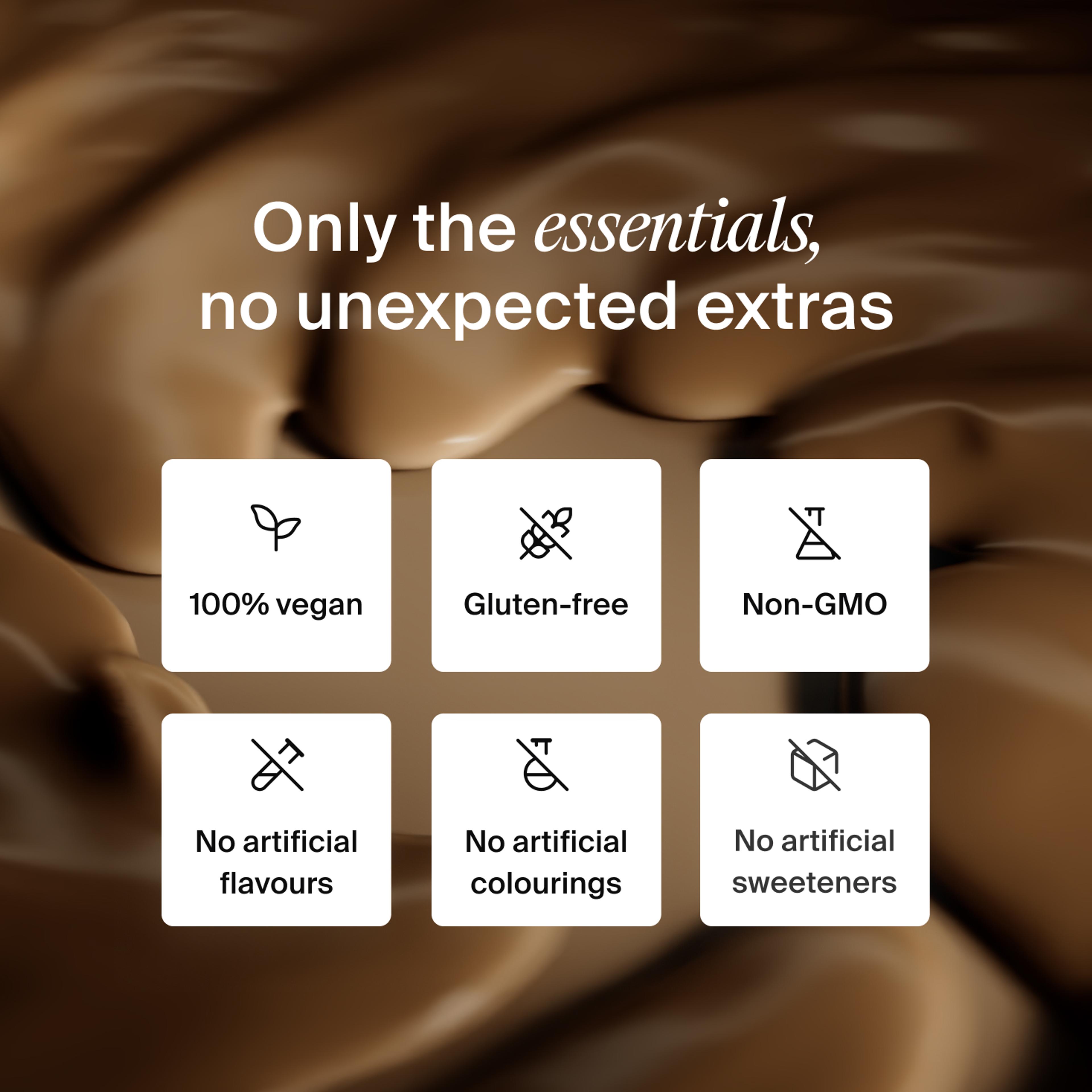 A list of health benefits of Huel ready-to-drink lite set against a background of a close-up of chocolate background