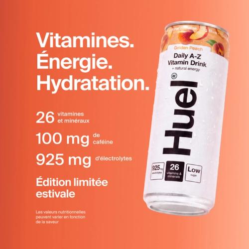 Alt, caffeinated flavours: Huel Daily A-Z Vitamin Drink can, alongside text highlighting 26 vitamins and minerals, 100mg caffeine, 925mg electrolytes, and low sugar.