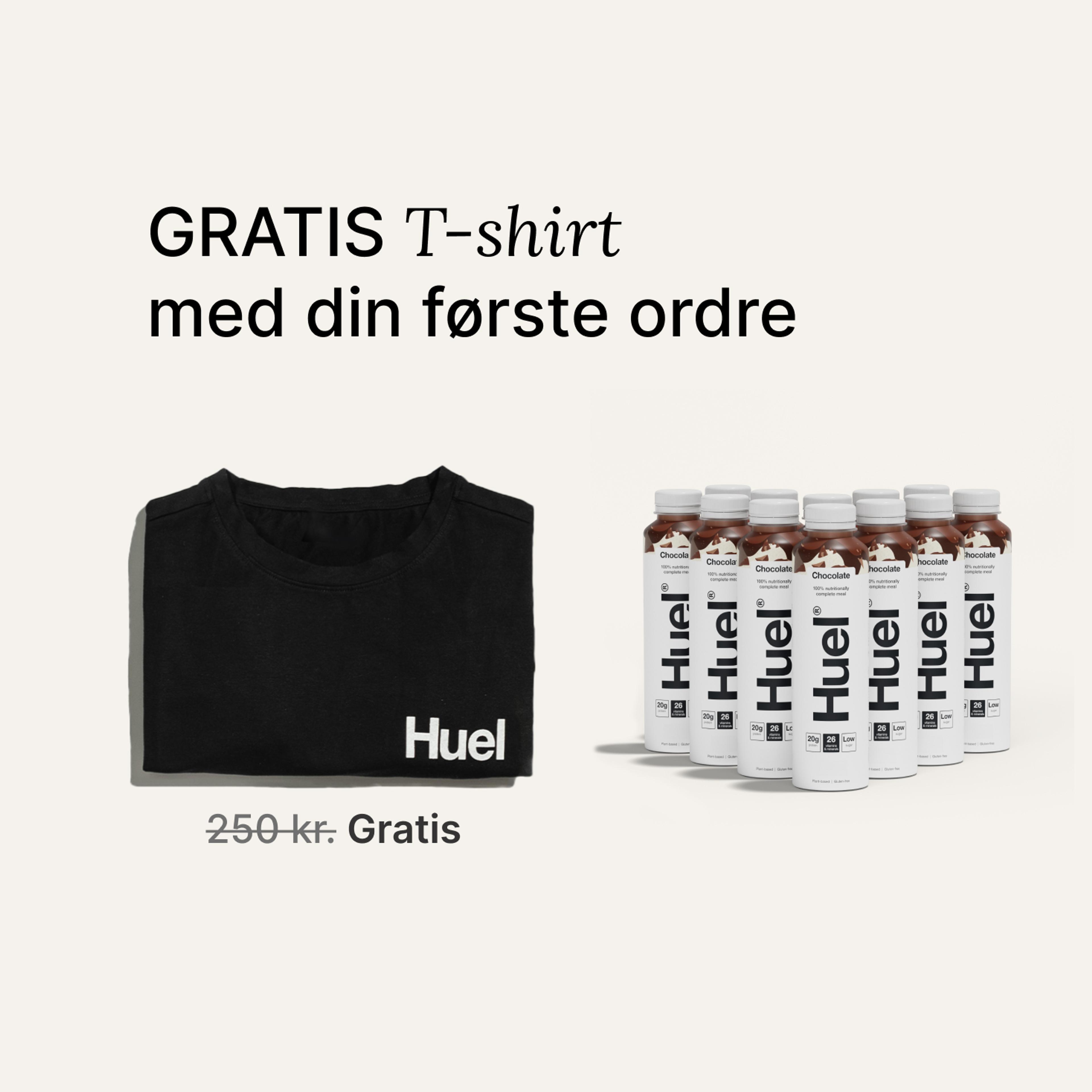 Et billede af indholdet af Huel Ready-to-drink velkomstpakken inklusive en sort Huel t-shirt