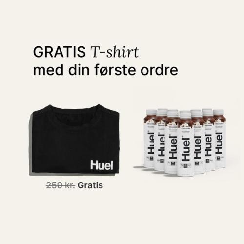 Et billede af indholdet af Huel Ready-to-drink velkomstpakken inklusive en sort Huel t-shirt