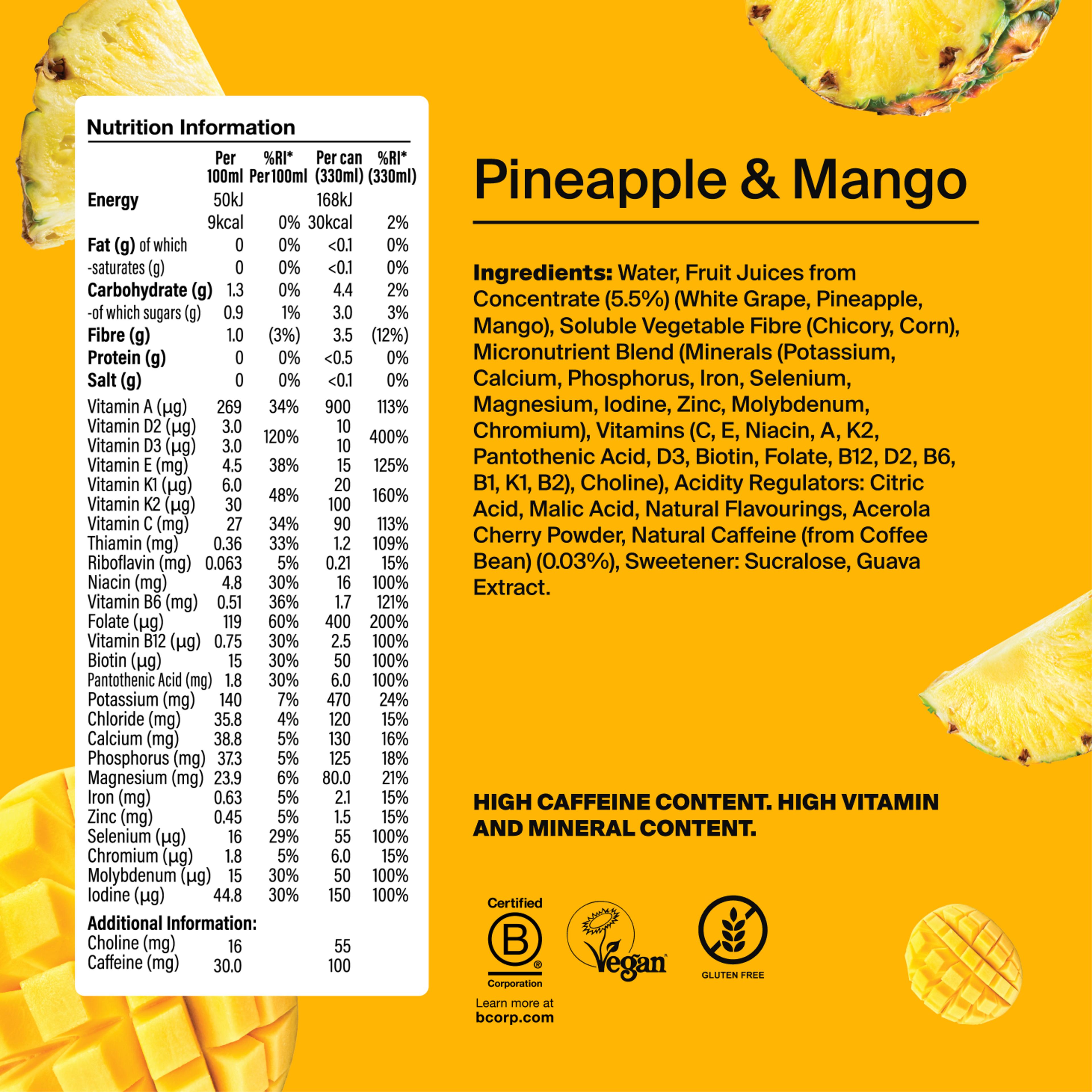 The nutritional information of Pineapple & Mango Daily A-Z Caffeine-free