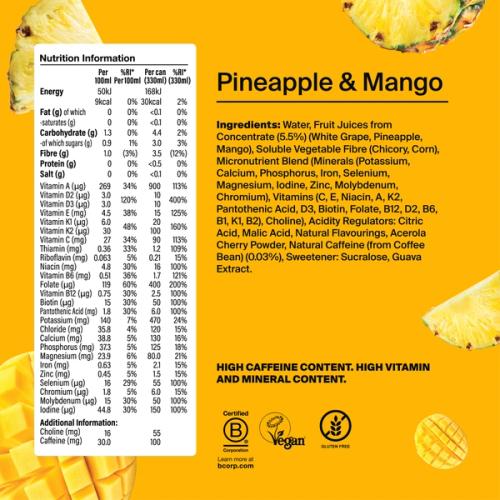 The nutritional information of Pineapple & Mango Daily A-Z Caffeine-free
