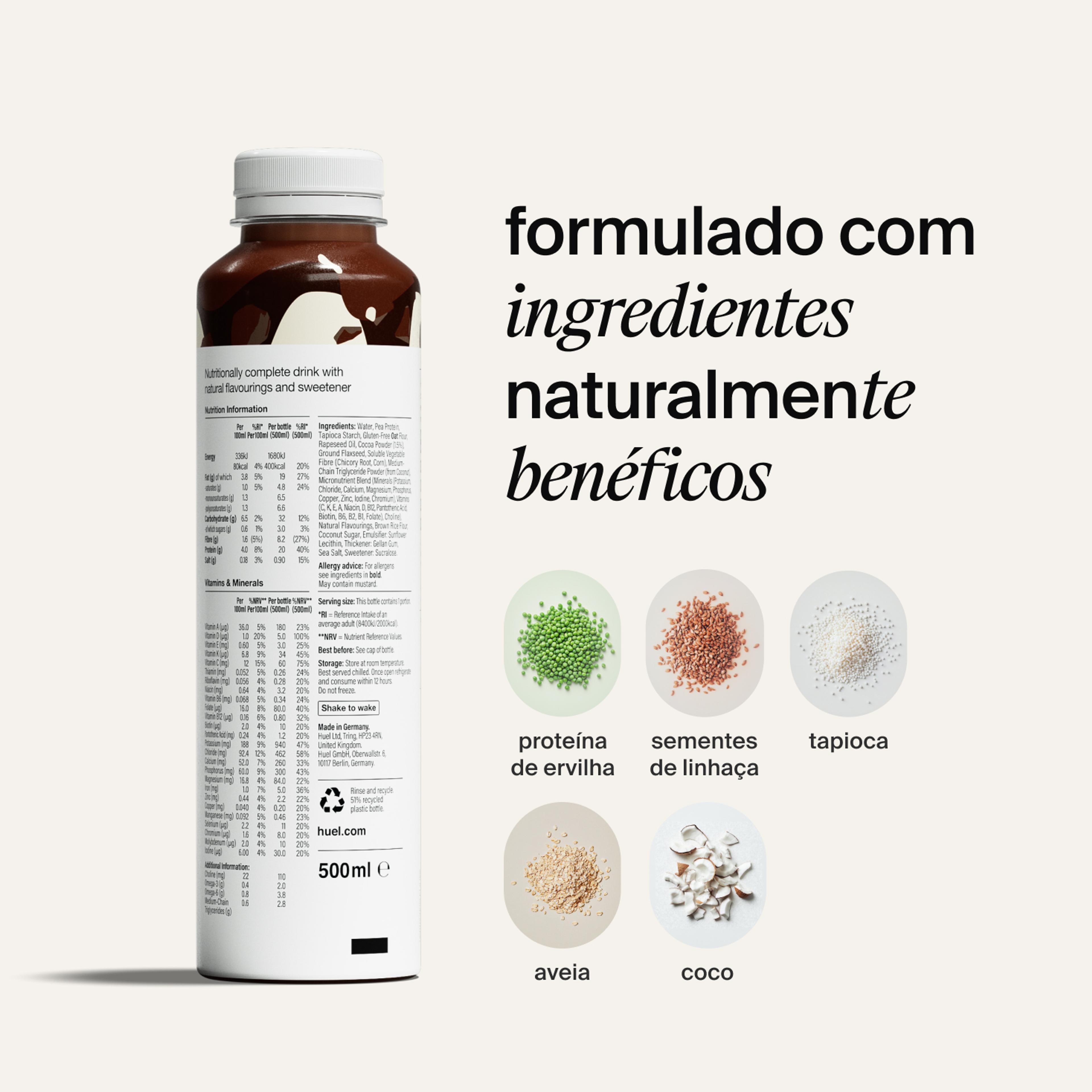 Reverse of a Huel Ready-to-drink Bottle on a neutral background accompanied by text and ingredients close-ups