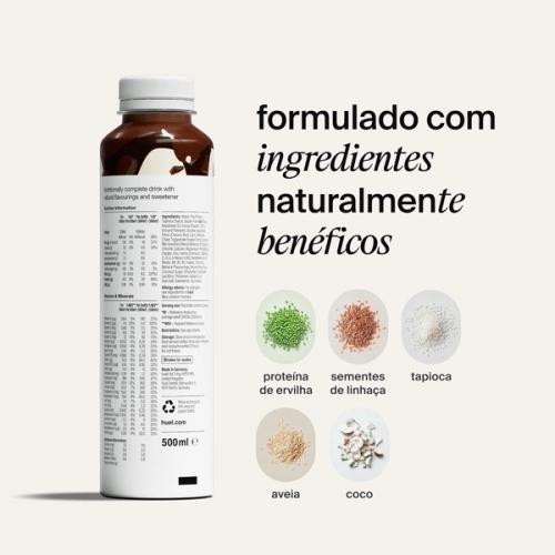 Reverse of a Huel Ready-to-drink Bottle on a neutral background accompanied by text and ingredients close-ups