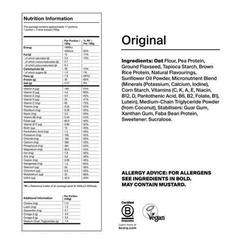 Back of pack nutritional information for Huel Powder