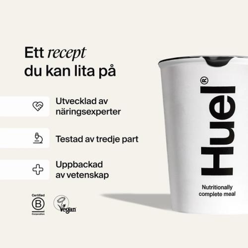 En vit Huel-kruka på en benvit bakgrund med bildtexter som förklarar Huels vetenskapliga meriter
