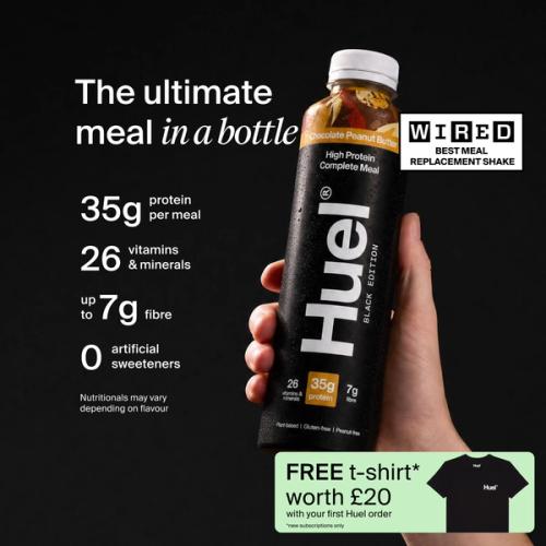 a hand holding a Bottle of Huel RTD with key benefits written next to it