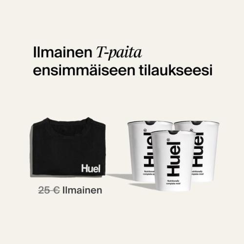Free t-shirt & delivery with your first order wording with imagery of the free T-shirt alongside 3 Huel Pots