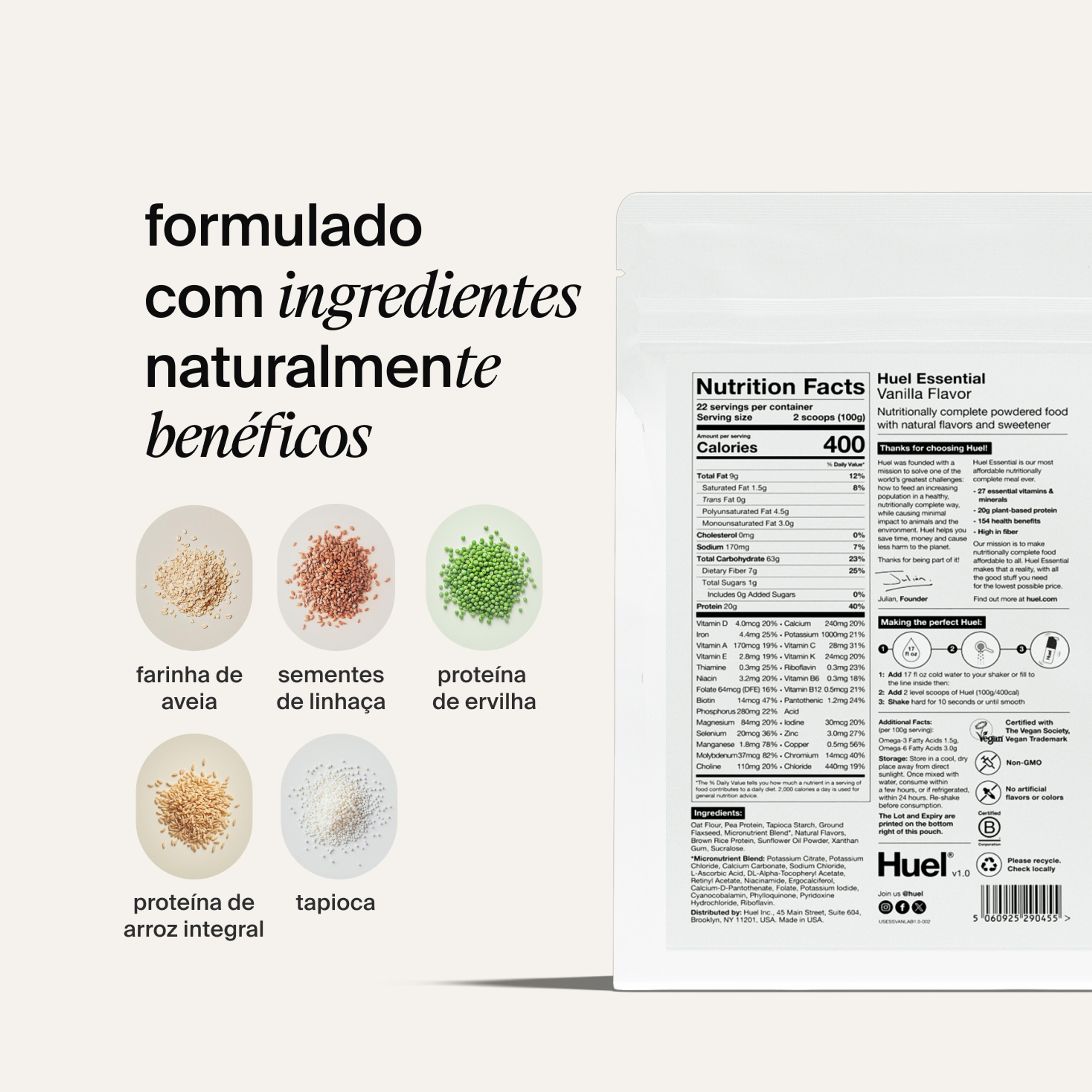 Informação nutricional na parte de trás da embalagem do Huel Essential