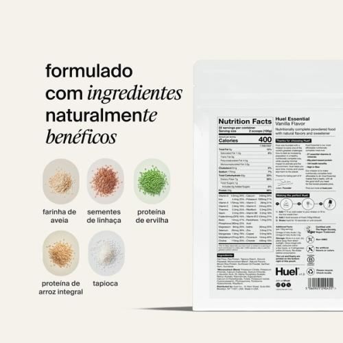 Informação nutricional na parte de trás da embalagem do Huel Essential