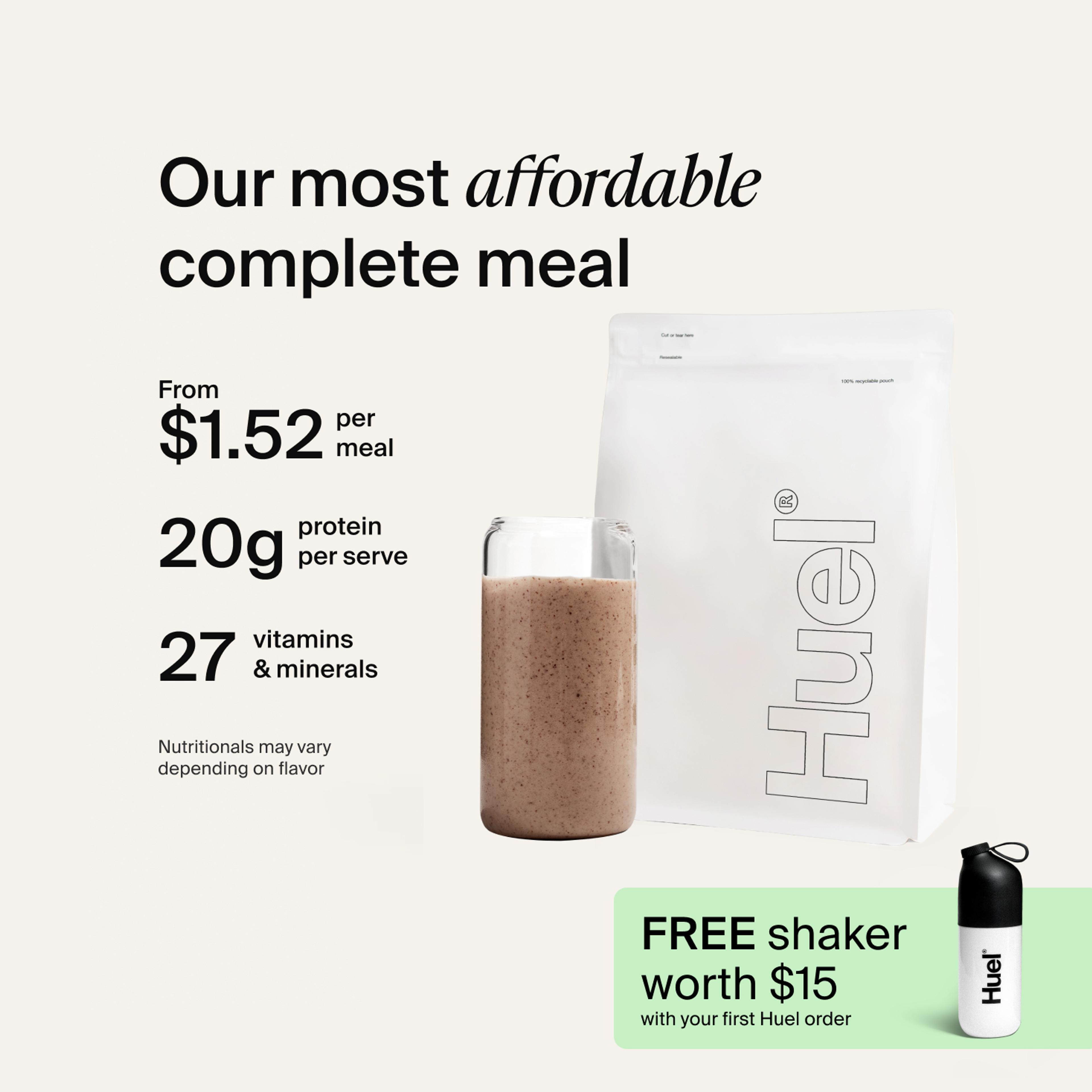 A white pouch of Huel Essential and a Huel shaker on a neutral colour background