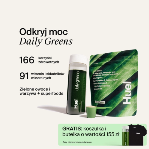 Zdjęcie shakera Daily Greens, miarki i opakowania z wskazaniem wartości odżywczej