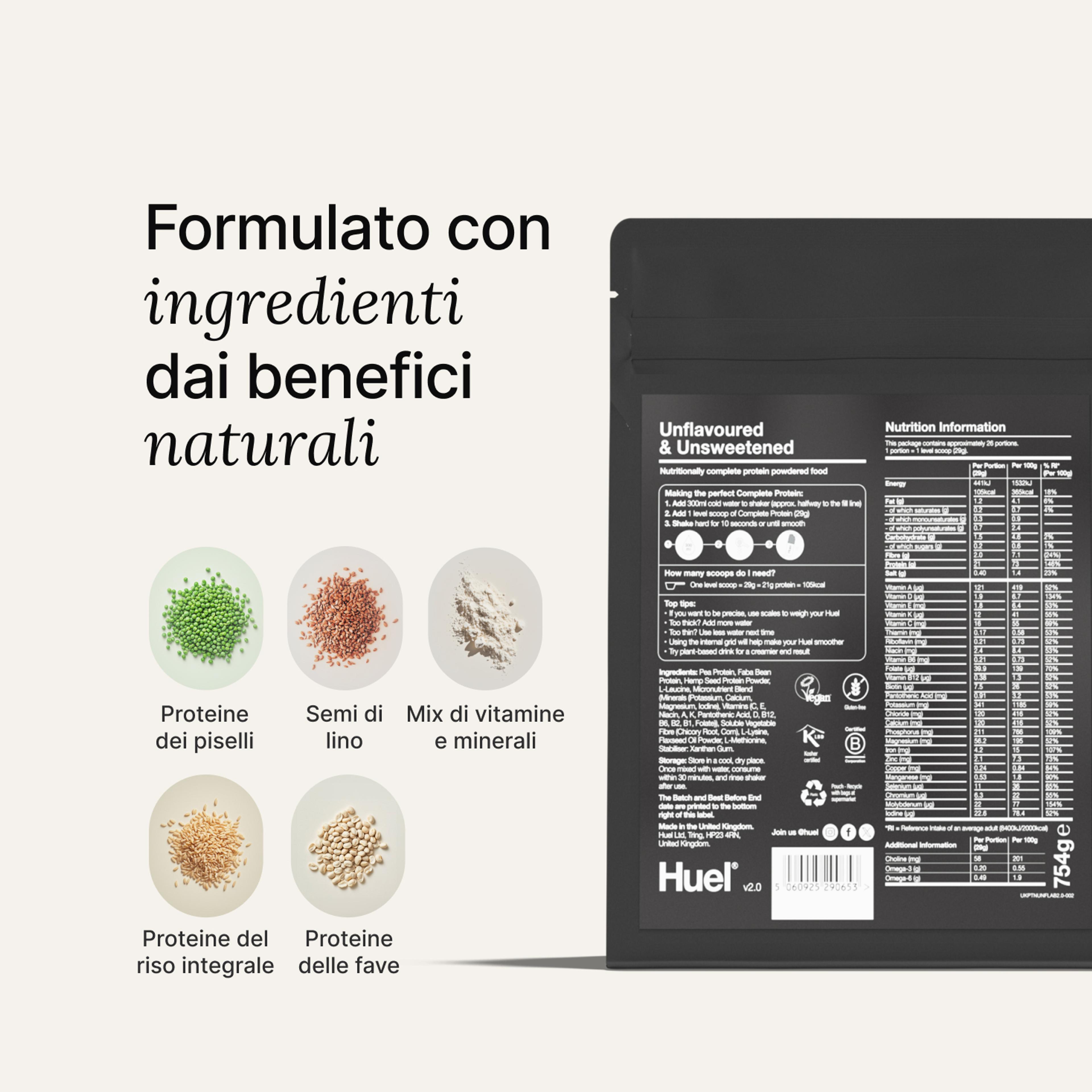 the back of a Huel complete protein powder bag containing nutritional information