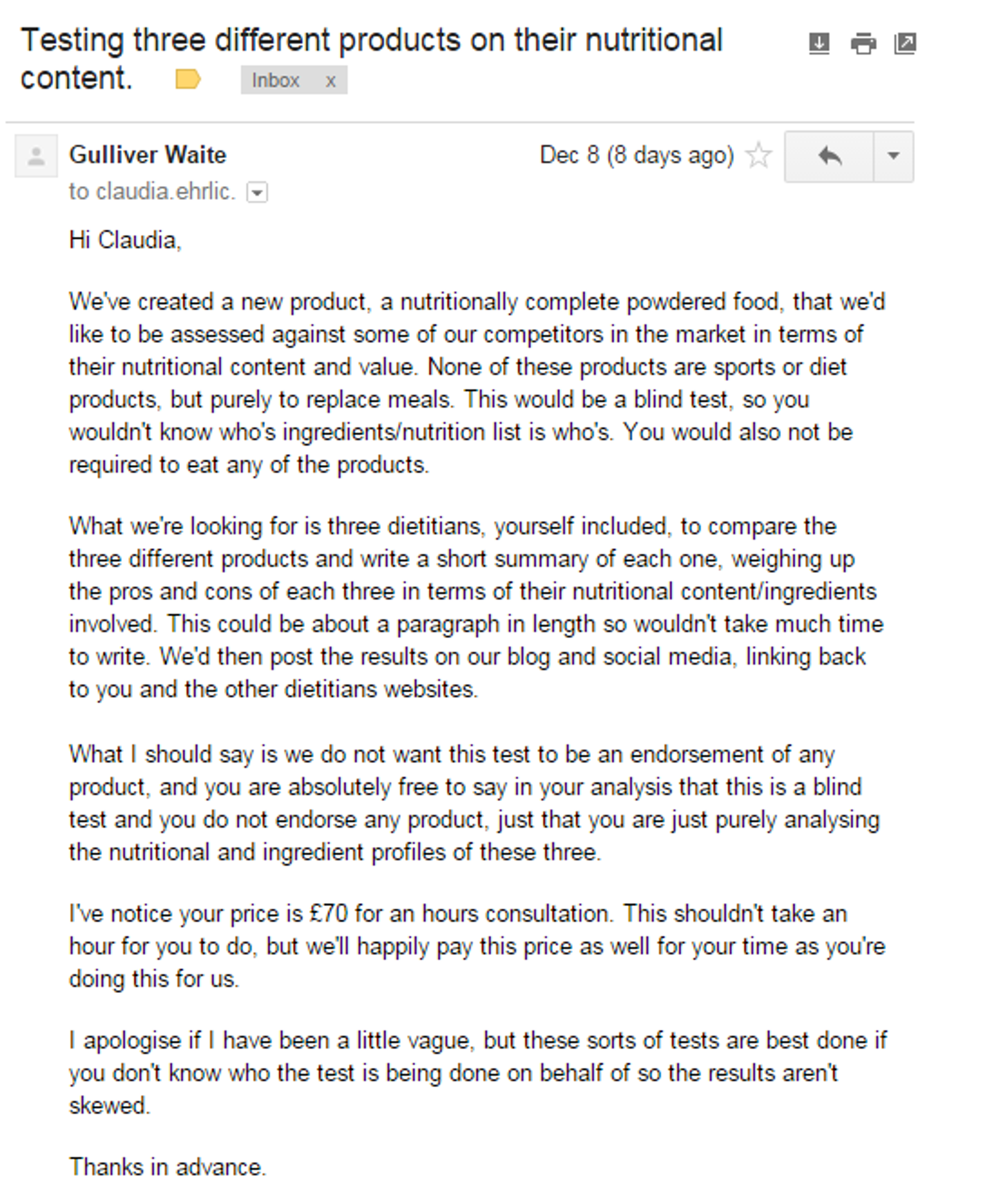  an image of what information was sent to the dietitians to perform the analysis between huel joylent and soylent