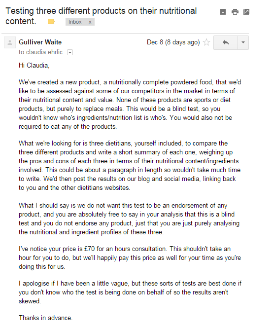  an image of what information was sent to the dietitians to perform the analysis between huel joylent and soylent