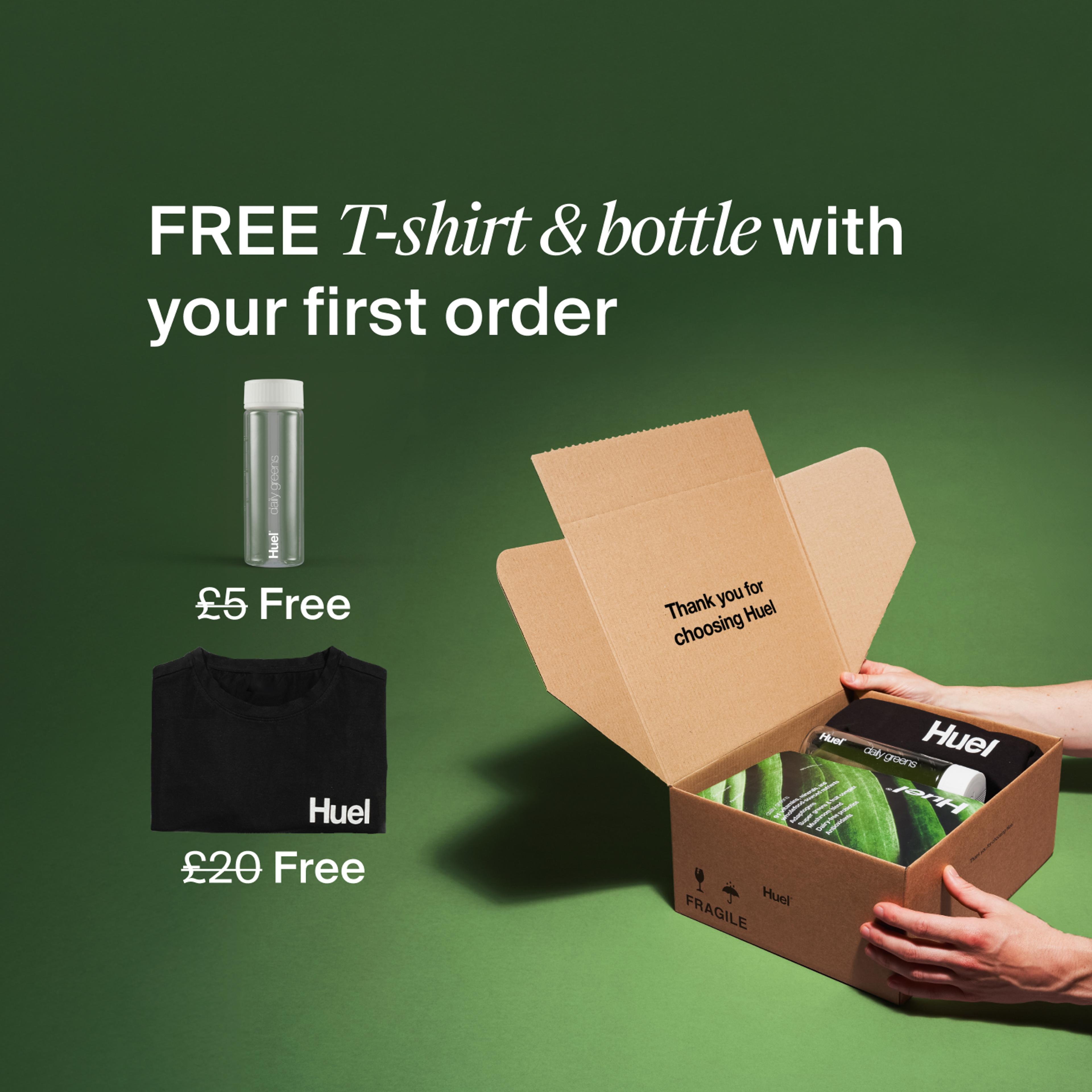 Unboxing a Huel order containing Daily Greens powder, a black Huel t-shirt, and a clear bottle, set against a green background.