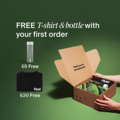 Unboxing a Huel order containing Daily Greens powder, a black Huel t-shirt, and a clear bottle, set against a green background.