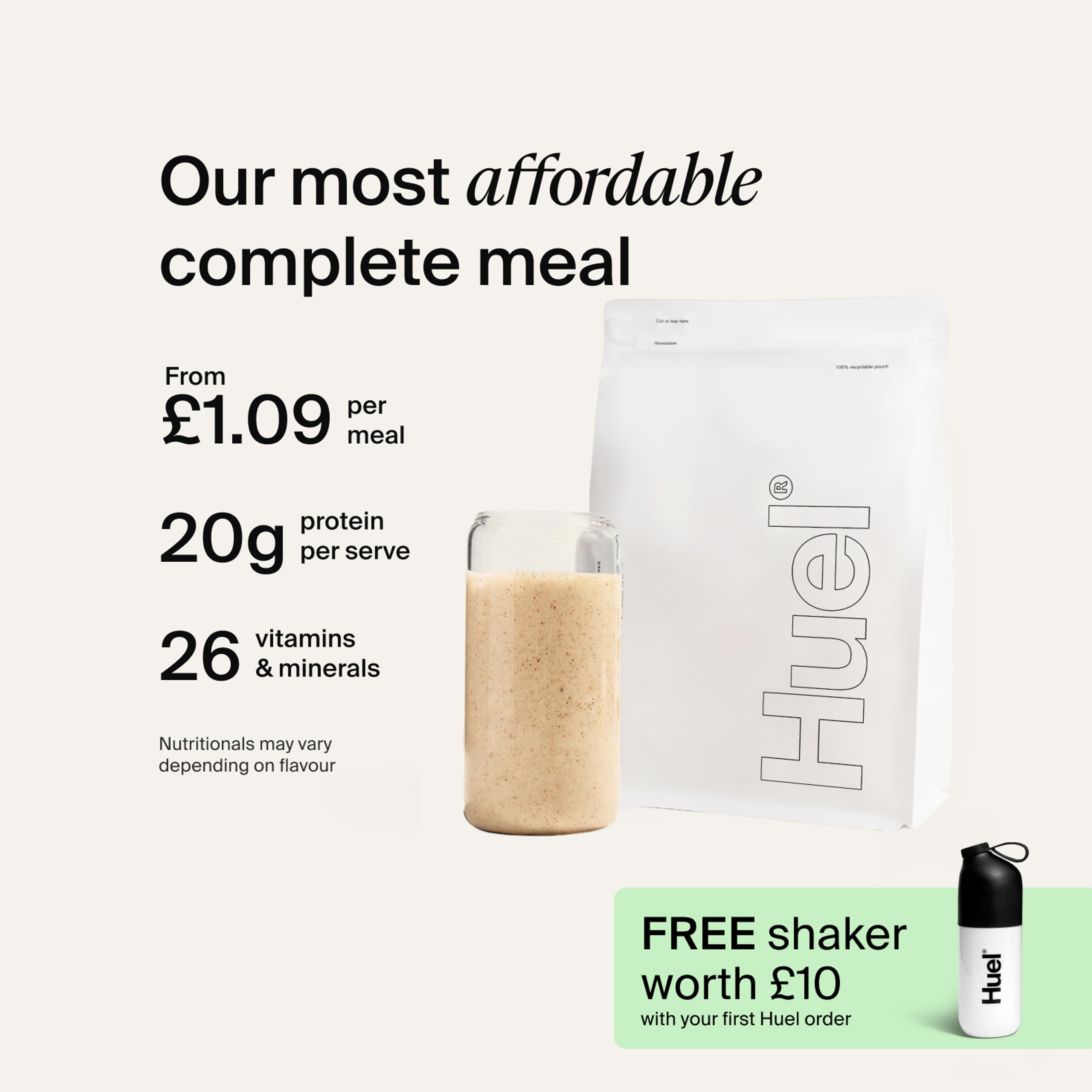 A white pouch of Huel Essential and a Huel shaker on a neutral colour background