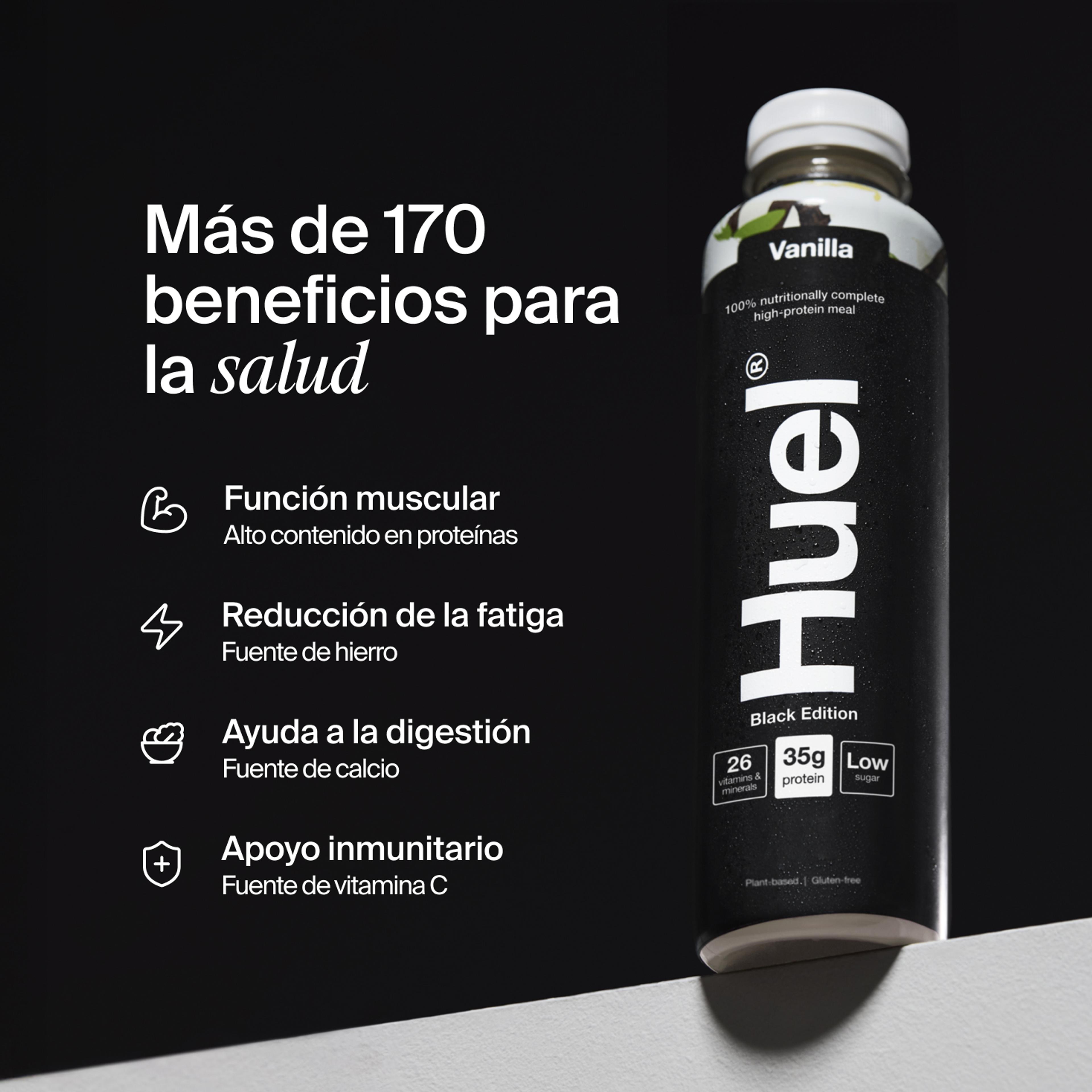 Bottle of Huel Ready-to-drink with health benefits written beside it