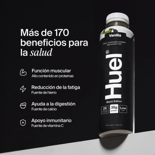 Bottle of Huel Ready-to-drink with health benefits written beside it