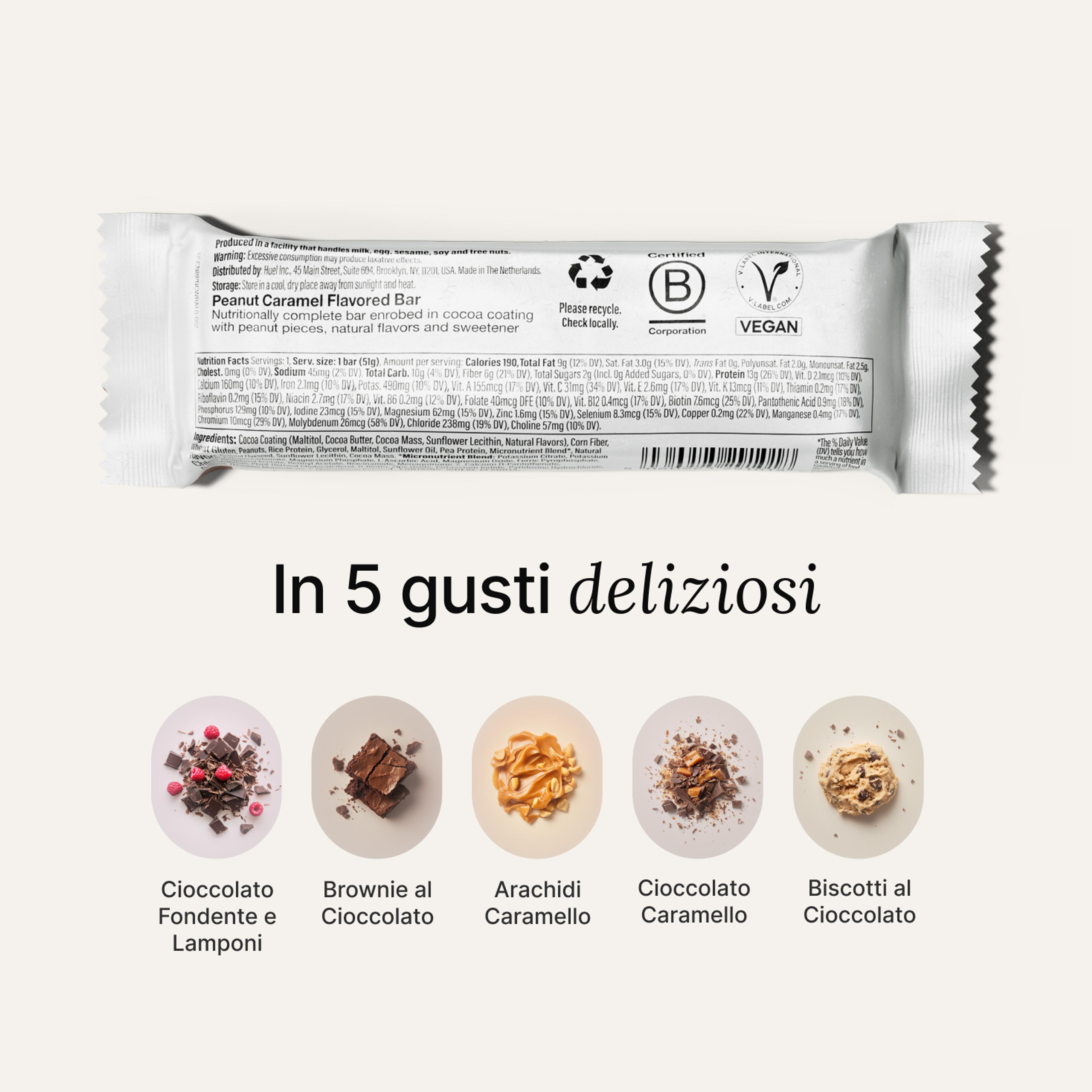 The back-of-pack label of a Huel Complete Nutrition Bar accompanied by images of ingredients